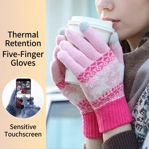 Warm knitted winter gloves for women with touchscreen tips and Nordic jacquard pattern