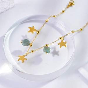Starfish charm anklet with blue natural stones and gold chain for women