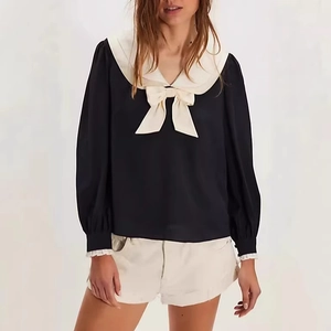French style long sleeve black chiffon top with large white sailor collar and bow detail