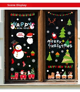 Detailed Christmas window stickers with festive snowman, Santa, and reindeer on glass