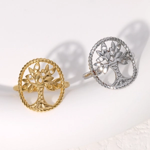 Adjustable stainless steel tree of life open rings in gold and silver finishes