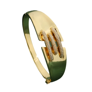 Modern gold plated wide cuff bracelet with triple vertical zircon stone rows