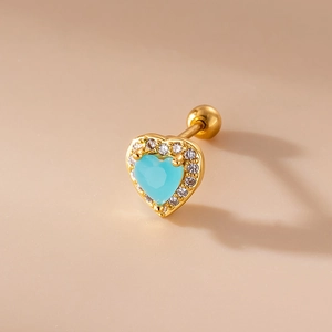 Gold-plated heart stud earring with blue heart gemstone and white zircon accents