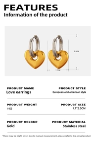 Vue détaillée de boucles d'oreilles cœur en acier inoxydable bicolore avec dimensions