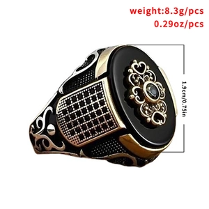 Vintage oval black acrylic ring for men with crown details and crystal inlay