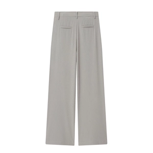 Rear view of gray pinstripe wide-leg trousers with back pockets and smooth texture