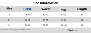 Detailed size chart for the deep V-neck knit bodycon dress with bust and length measurements