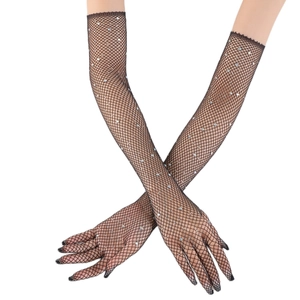 Close-up of black fishnet long gloves with sparkling silver rhinestones on the mesh
