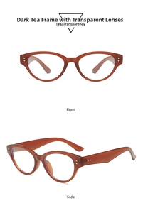 Detailed front and side view of cat-eye sunglasses with silver rivet accents on dark tea frames