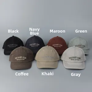 Flat lay of retro baseball caps in multiple colors featuring sporty club embroidery