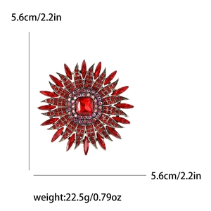 Luxury rhinestone sunflower brooch in red alloy, diameter 5.6cm and 22.5g weight