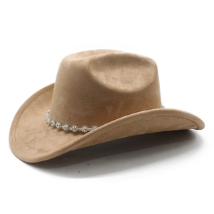 Detail of camel faux suede cowboy hat featuring a sparkling rhinestone decorative band