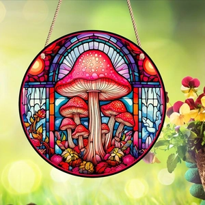 Pendentif décoratif rond en acrylique avec motif de champignons rouges et fleurs