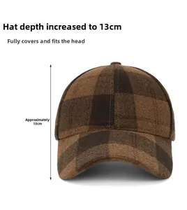 Detailed view of brown plaid baseball cap with 13cm deep crown for a perfect fit