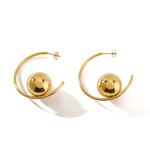 Polished gold C-shaped stainless steel earrings with ball drop and geometric hoop design