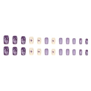 Minimalist square lavender floral press-on nails with purple artistic marble finish