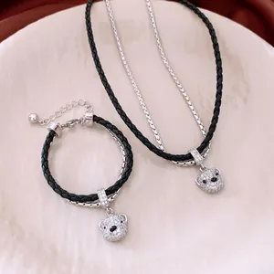 Bear Pendant Jewelry Set Double Layer Copper Rhinestone Leather Necklace And Bracelet For Women