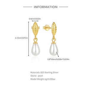 Detailed technical diagram showing S925 sterling silver pearl earring dimensions and weight