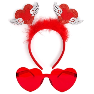 Valentine's Day red sequin heart headband and rimless sunglasses set for party décor