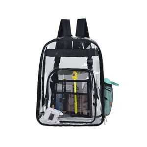Large capacity transparent PVC backpack with black nylon straps and front storage pocket
