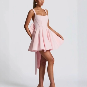 Women Mini Cami Dress Polyester Rayon Square Neck Back Large Bow Sleeveless A-Line Puffy Party Princess Elegant