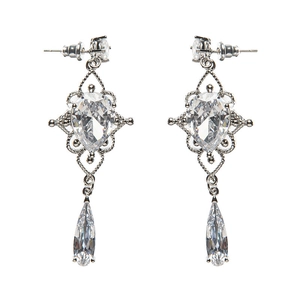 Baroque silver drop earrings featuring pear-cut cubic zirconia in a vintage court style