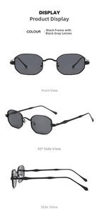 Detailed views of polygon metal sunglasses in black finish from multiple angles