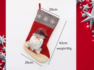 Detailed size specifications for red and grey plush Santa Christmas stocking 43x20cm