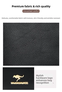 Detail of premium textured black leather fabric with golden kangaroo metal logo and brand name