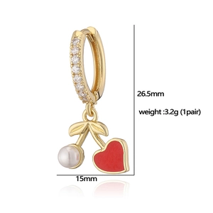 18K gold heart cherry earrings with pearls and pavé cubic zirconia accents