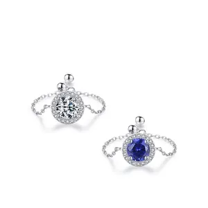 Luxurious S925 silver adjustable chain rings with blue and white round cubic zirconia