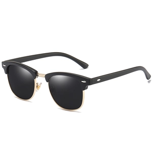 Classic retro semi-rimless Clubmaster sunglasses with black frame and gold metal accents