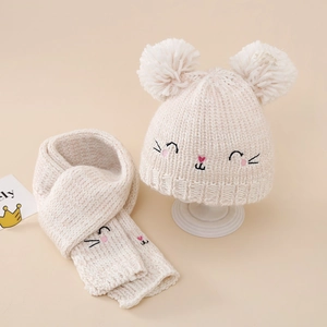 Baby Girl Knitted Hat And Scarf Winter Warm Acrylic Silver Thread Glitter Cute Cat Embroidery Double Pom Poms