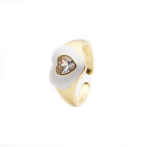 Detail of adjustable gold ring with white heart enamel and center heart-cut zircon stone