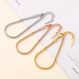 Three-color stainless steel snake chain bracelets in gold, rose gold, and silver finishes