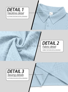 Detail view of light blue polo shirt collar, polyester texture and precise stitching