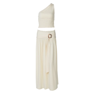 Detail of cream one-shoulder crop top and pleated maxi skirt with ring buckle detail