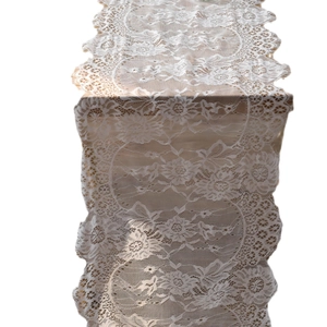 European white eyelash lace table runner with floral patterns and scalloped edges