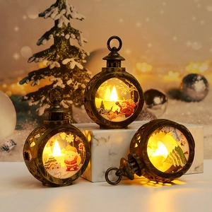 Christmas LED Lantern Portable Round Light Hanging Festive Decor Plastic Glass Warm Glow Vintage Style Desktop Ornament