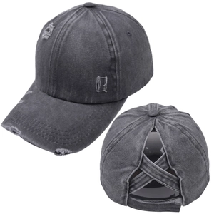 Close-up of distressed dark grey baseball cap with ponytail criss-cross elastic back design