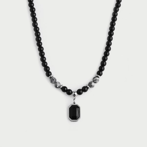 Minimalist natural stone necklace with black beads and a marble pendant for men and women