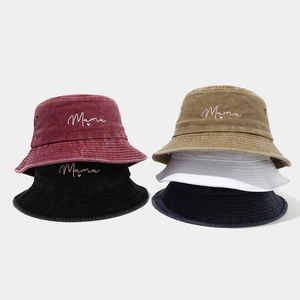 Five assorted corduroy bucket hats with Mama embroidery and heart detail for mothers