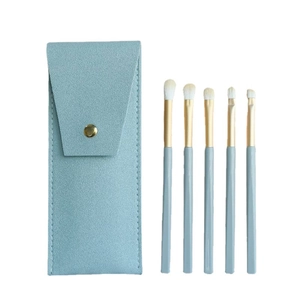 Light blue 5-piece makeup brush set with soft bristles and a matching velvet storage pouch