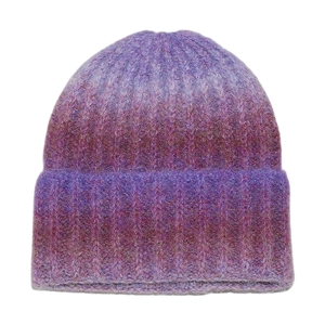 Detail of gradient purple knit beanie showing soft fuzzy texture and ribbed cuffs