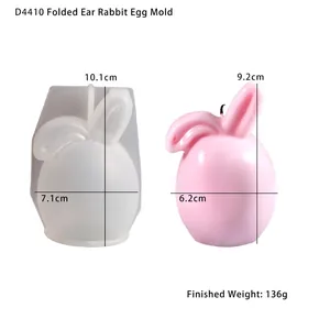 Easter bunny egg silicone mold with detailed dimensions and finished candle model