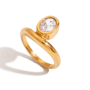 Stainless Steel Ring 18K Gold Plated Oval Cubic Zirconia Waterproof Hypoallergenic Minimalist Fashion Jewelry For Women