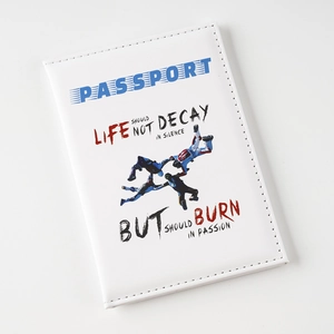 White PU leather passport holder featuring skydiving print and motivational quote