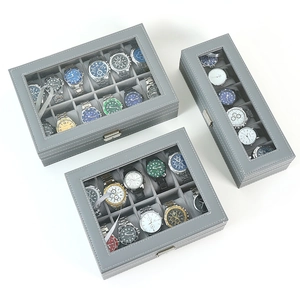 Caja Organizadora de Relojes de Cuero PU Gris para Joyería Con Ventana de Vidrio Transparente y Cierre de Metal para Hogar Oficina