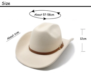 Detail view of cream wool cowboy hat with size 57-58cm and 8cm brim dimensions