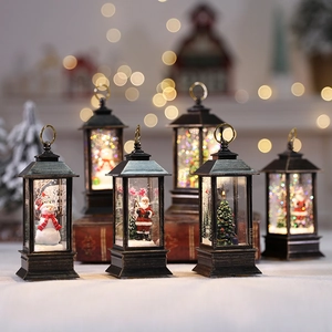 Retro Christmas Lantern LED Water Snow Globe Santa Snowman Ornament Tabletop Decorative Light Battery Powered Bronze Glitter